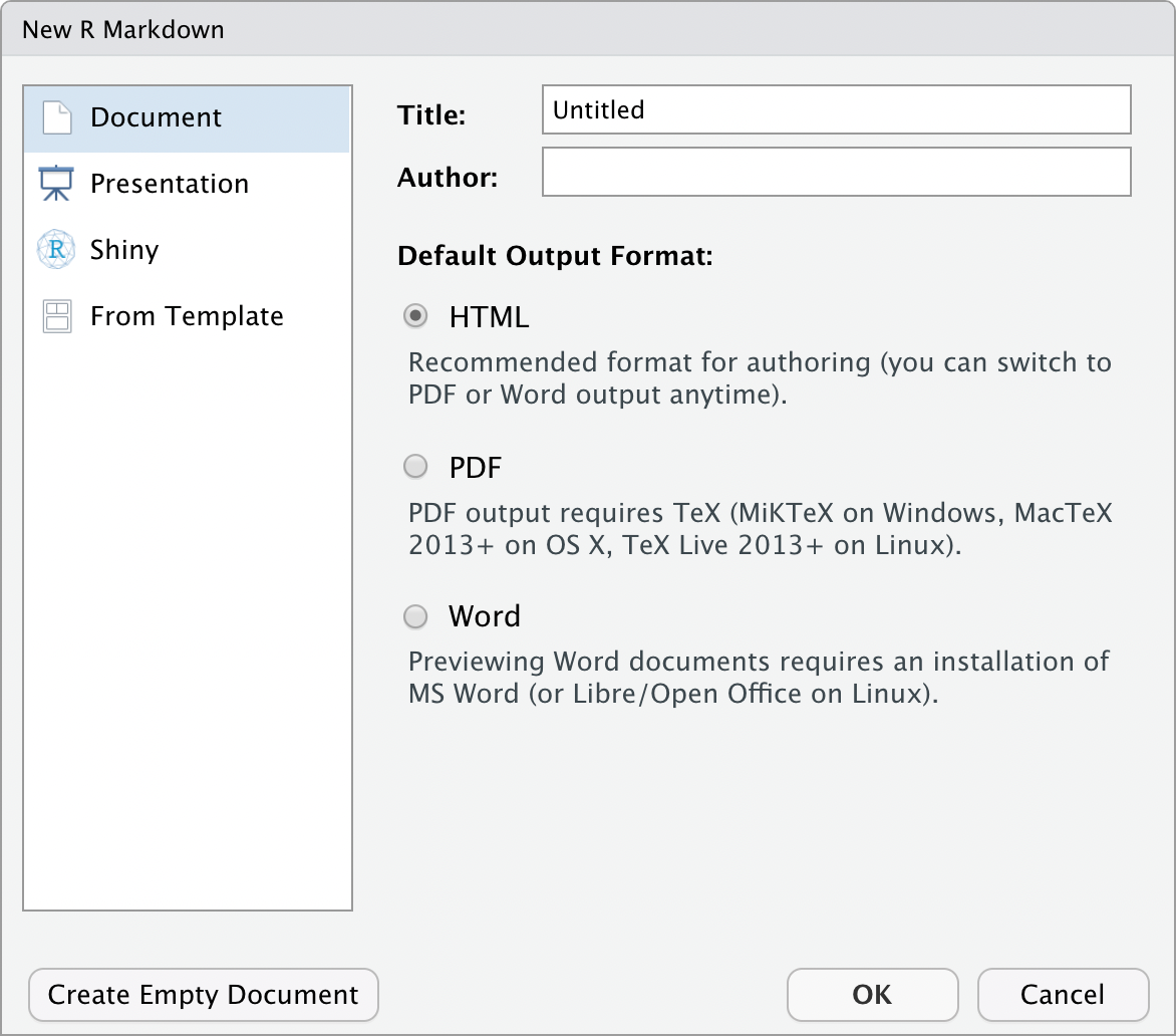 Captura de tela da IDE RStudio, mostrando a janela de escolha de opções para criar um arquivo R Markdown