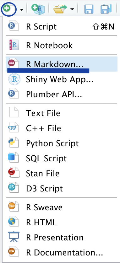 Captura de tela da IDE RStudio, mostrando os ícones usados para criar um arquivo R Markdown